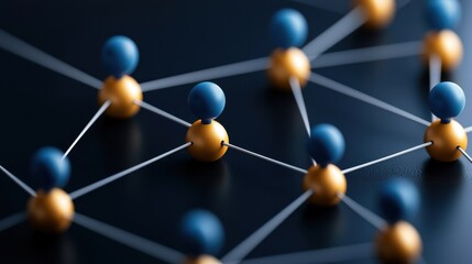 A close-up view of a molecular structure with interconnected blue and orange spheres, representing atoms linked by lines, highlighting scientific concepts.