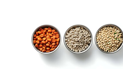pet food in a silver bowl on a white background