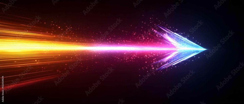 Poster colorful glowing arrow points right against a black background with a gradient of vibrant colors and