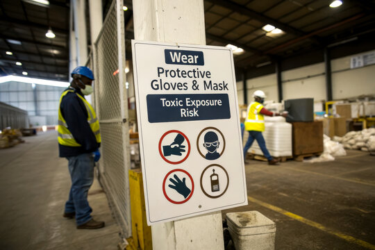 A safety sign instructing workers to wear protective gloves and masks due to toxic exposure risks in a warehouse setting.