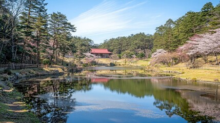 Fototapeta premium A tranquil landscape featuring a serene pond surrounded by lush greenery and trees, with a traditional structure in the background under a clear blue sky.