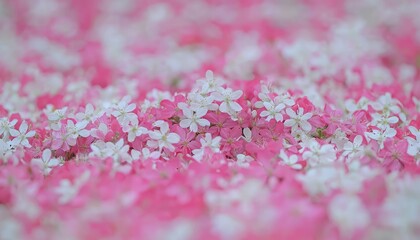 A vibrant close-up of delicate pink and white flowers creating a soft, colorful blanket on the ground.