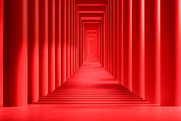 Abstract Red Corridor with Columns and Stairs