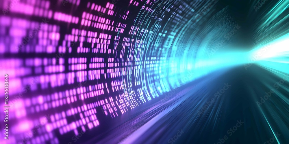 Poster light trails create a vibrant digital tunnel effect illustrating motion and speed in an abstract pre