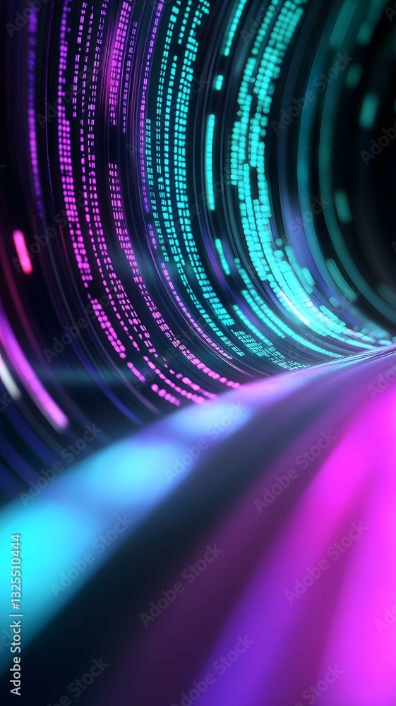 Poster vibrant digital tunnel illuminated by neon lights and binary data flowing in a mesmerizing pattern