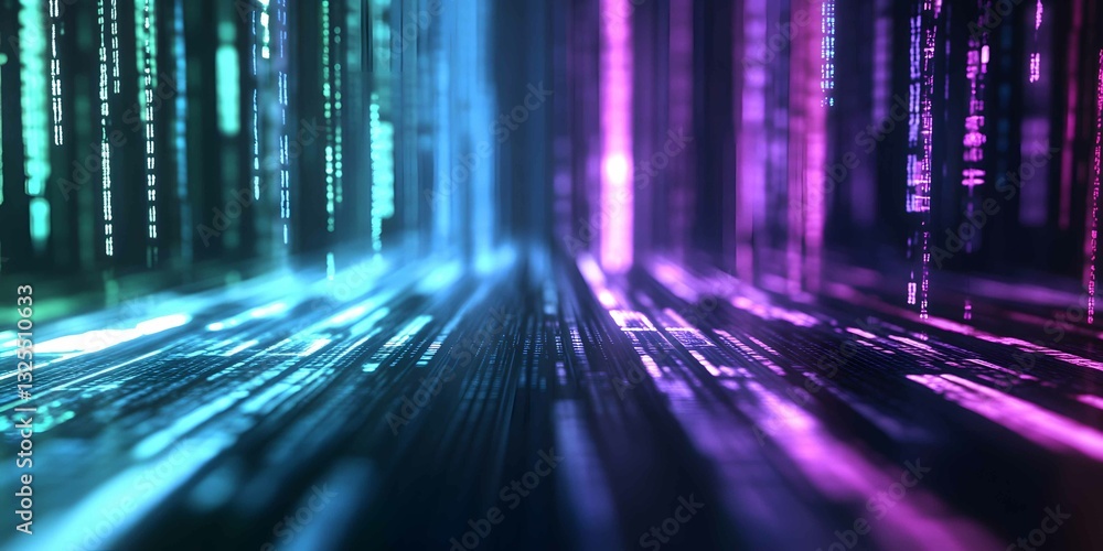 Poster visual representation of digital data flowing in vibrant colors of pink and blue creating a sense of
