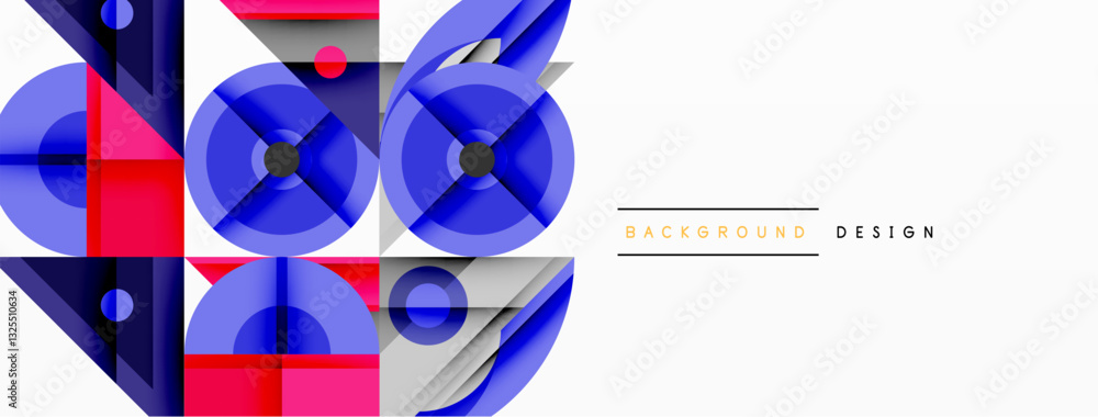 Poster Geometric abstract composition with intersecting shapes, circles, triangles, and gradients, blending vibrant colors and dynamic contrasts to create a modern, futuristic visual design