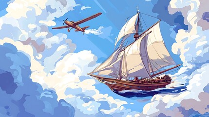 Sailing Ship and Airplane Soaring Through a Dreamlike Sky. A whimsical illustration featuring a classic sailing vessel and a vintage airplane amidst fluffy clouds.