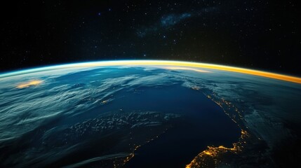 Obraz premium Earth from space at dawn, city lights, stars