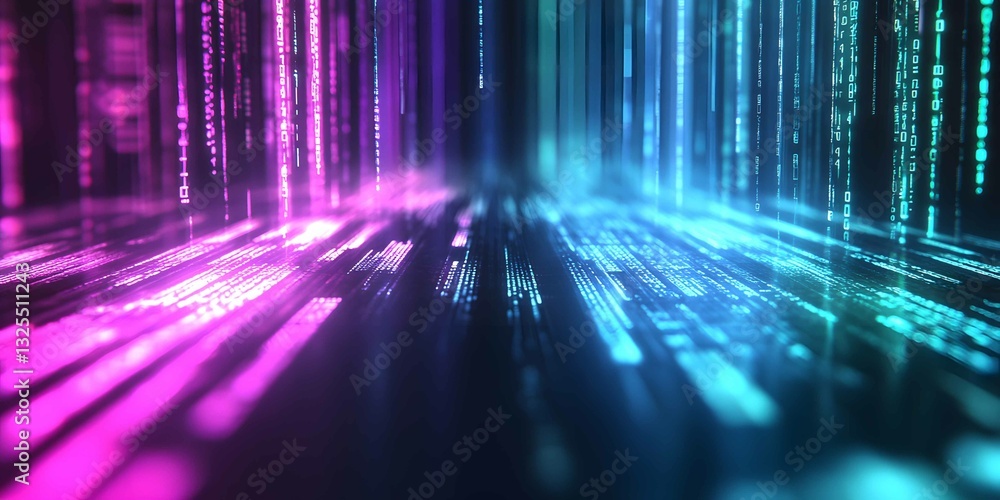Poster colorful streams of binary code flow through a digital landscape illuminated in shades of blue and p