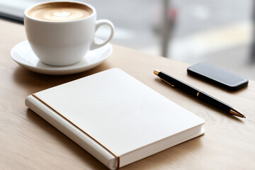 one notebook with a white sheet of paper on a wooden table,