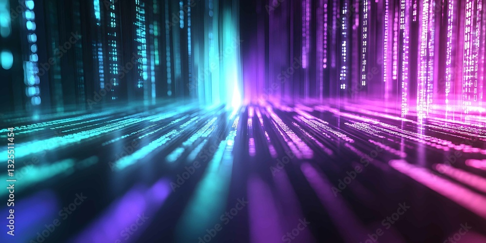 Fototapete Colorful digital matrix streams create a vibrant, futuristic display of data flow in a tech-inspired environment