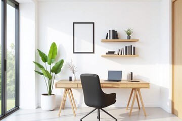 modern home office window desk laptop shelves chair
