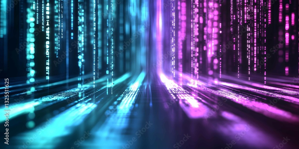 Fototapete Colorful digital matrix streams create a vibrant, futuristic display of data flow in a tech-inspired environment