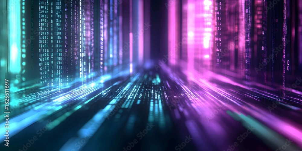 Fototapete Colorful digital matrix streams create a vibrant, futuristic display of data flow in a tech-inspired environment