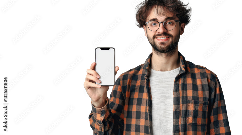 Poster smiling man showing smartphone with blank screen on transparent background