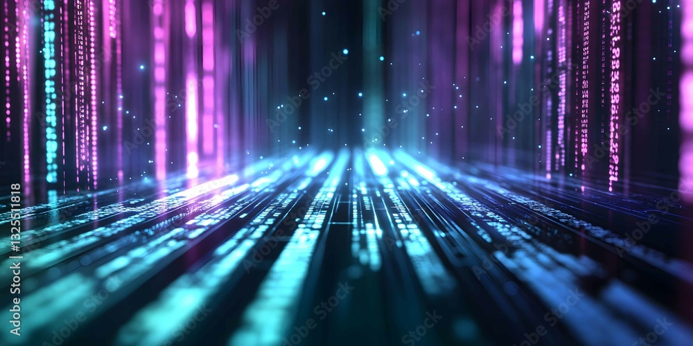Poster colorful digital matrix streams create a vibrant, futuristic display of data flow in a tech-inspired