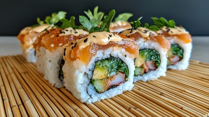 Beautifully arranged sushi rolls on a bamboo mat showcasing an artistic presentation and mouthwatering appeal