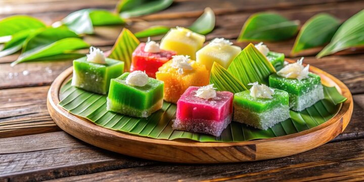 Colorful kuih ketayap with shredded coconut and pandan leaves on a wooden table, garnished with fresh fruit slices, tropical flavors, pandan flavor