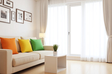 Modern living room large window beige sofa pictures plant