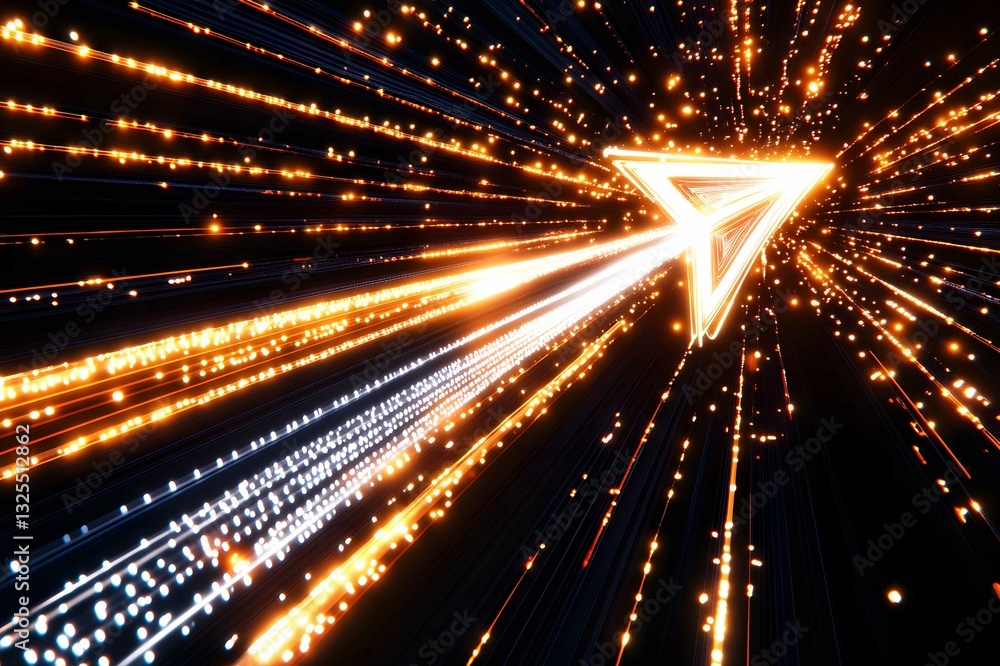 Poster dynamic burst of light creating an arrow-shaped figure in a dark space evokes a sense of speed and d
