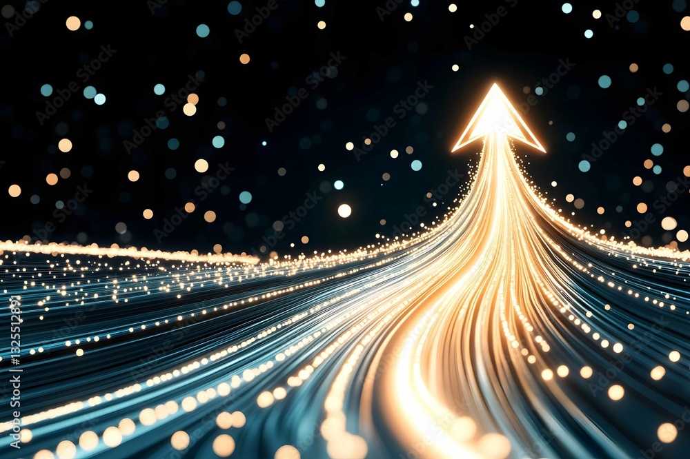 Poster bright arrow made of light trails points upward in a dark space filled with floating particles