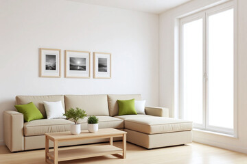 Modern living room large window beige sectional sofa photos plants