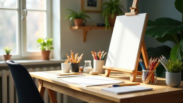 A sunlit workspace, featuring an easel with a blank canvas, art supplies, and a comfortable chair, ideal for creative pursuits and artistic inspiration.
