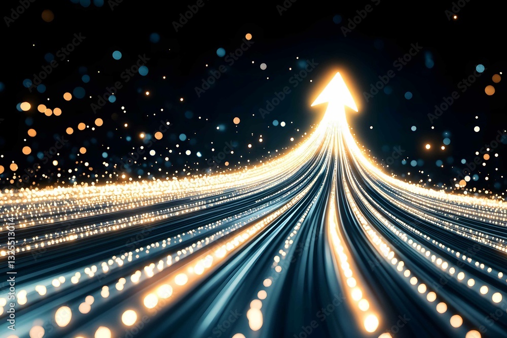 Poster bright arrow made of light trails points upward in a dark space filled with floating particles
