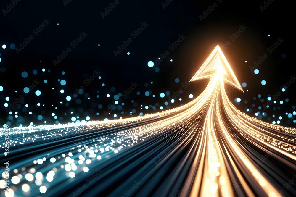 Poster bright arrow made of light trails points upward in a dark space filled with floating particles