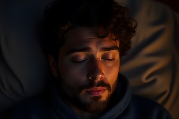 Fototapeta premium Man Sleeping Peacefully in Bed at Night with Soft Lighting