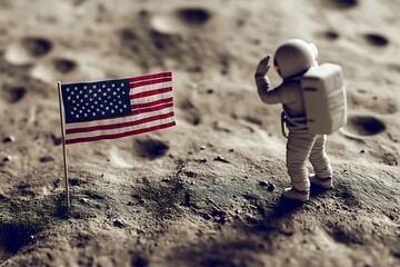 An astronaut salutes the American flag on a desolate lunar surface