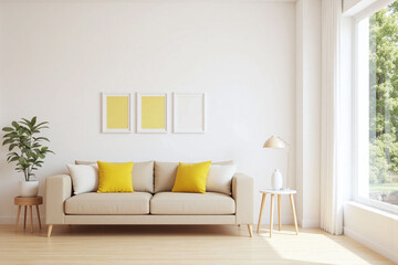 Modern living room large window beige sofa pictures plant floor