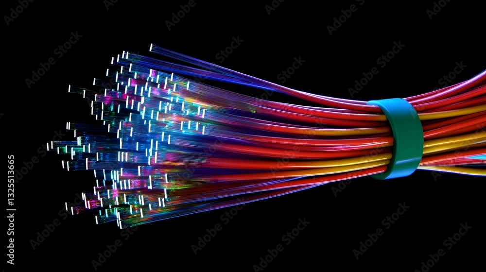 Poster colorful bundle of fiber optic cables arranged neatly on a black background to showcase their intric