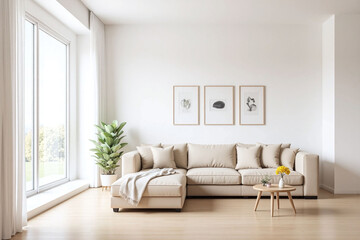 Modern living room large window beige sofa pictures flowers