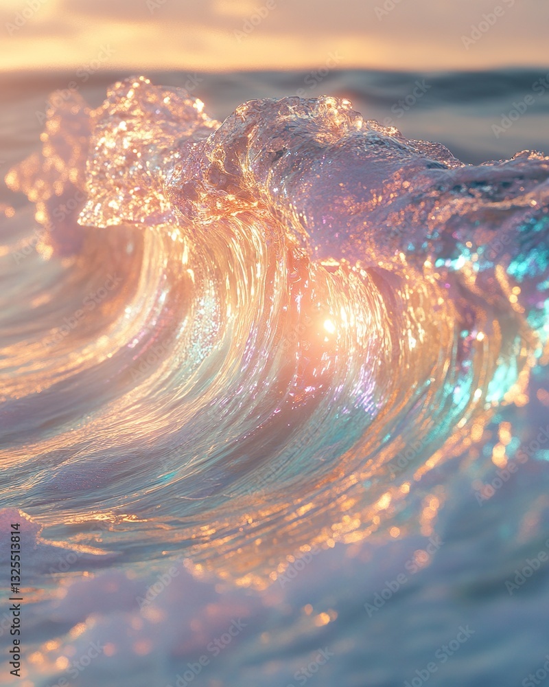 Poster a close up view of an illuminated ocean wave cresting