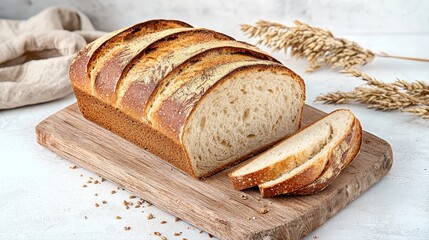 Sliced rustic loaf of bread crafted from ancient grains on a wooden cutting board showcasing artisan baking skills
