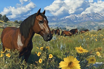 Brown horse grazing in wildflower field, mountains in the background, for nature articles