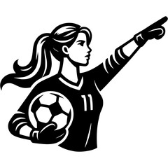Sport emblem of female soccer goalkeeper points forward before kicking ball from penalty area in monochrome. Engraving minimalistic vector in black ink drawing on transparent background