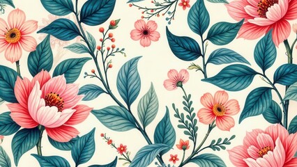 Elegant Floral Pattern Delicate Pink Blossoms and Lush Teal Leaves Create a Serene and Romantic Botanical Design