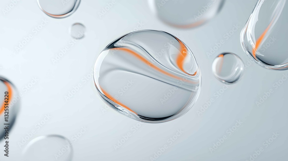 Poster transparent bubbles with orange swirls floating in the air against a soft gray backdrop create a ser