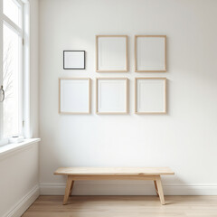 a  Scandinavian-inspired setting with clean white walls a light wood floor and a simple woodenbench