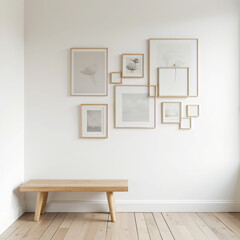 a  Scandinavian-inspired setting with clean white walls a light wood floor and a simple woodenbench