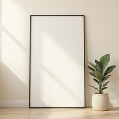 a simple beige-colored wall with a thin black frame leaning against it 