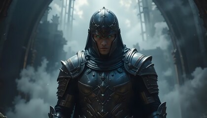 Fototapeta premium Mysterious Knight Standing Guard in Fantasy Ruins with Eerie Atmosphere