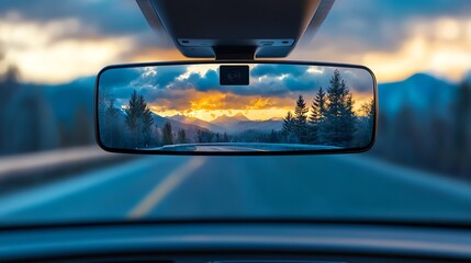 A scenic view of mountains and a colorful sunset as seen through a car's rearview mirror while driving on an open road.