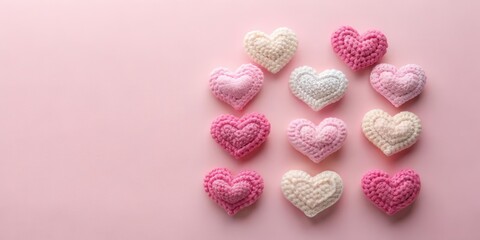 Fototapeta premium Soft yarn crochet hearts in pastel and pink hues on a minimalist pink background