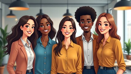  A diverse group of young professionals stands together in a modern office, smiling and engaged in conversation. 