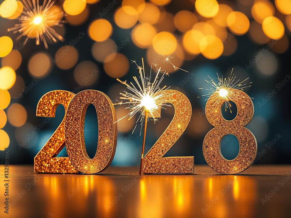 Fototapete Silvester Sylvester 2028 New year New Year's Eve Party background banner panorama illustration - Abstract gold firework fireworks on dark green texture with bokeh lights