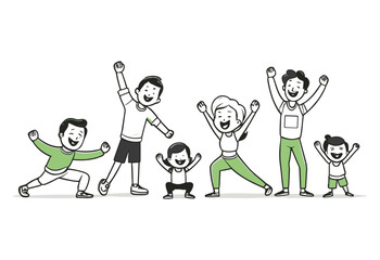 A group of people are exercising together, with one person doing a pushup. The group is smiling and he is enjoying themselves